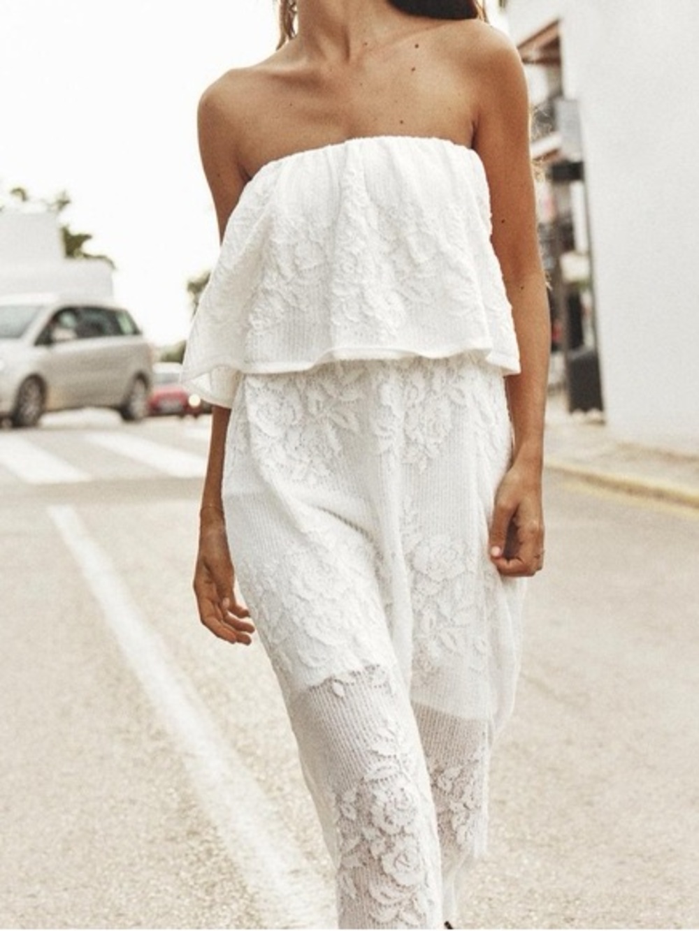 Zara Cream Strapless Lace Maxi Dress